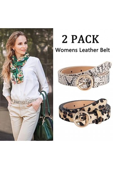 Ceinture en Similicuir pour Femme 2 Pièces Ceintures Vintage Motif Serpent Léopard 2cm de Largeur avec Boucle Ronde Belts pou