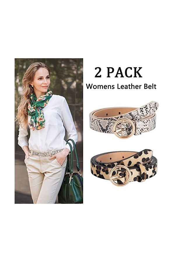 Ceinture en Similicuir pour Femme 2 Pièces Ceintures Vintage Motif Serpent Léopard 2cm de Largeur avec Boucle Ronde Belts pou