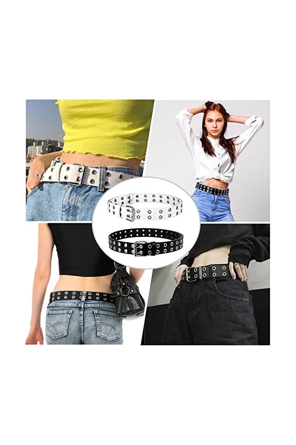 Lovesmile Ceinture à Rivets, 2 Pièces Ceinture à Double œillet en Cuir, Ceinture Rivetée Punk, Ceintures à Rivets Double Trou