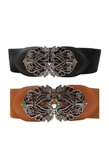 TSHAOUN 2 Pièces Ceinture femme Élastique, Large Ceinture Vintage, Ceinture Extensible Vintage avec Boucle Métallisée, Ceintu