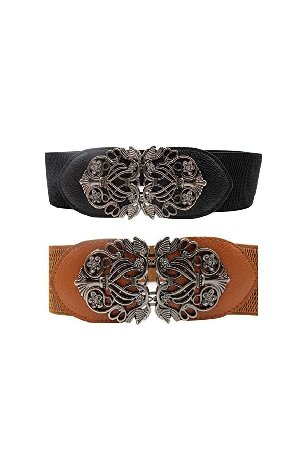TSHAOUN 2 Pièces Ceinture femme Élastique, Large Ceinture Vintage, Ceinture Extensible Vintage avec Boucle Métallisée, Ceintu