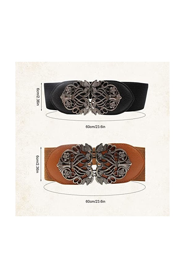 TSHAOUN 2 Pièces Ceinture femme Élastique, Large Ceinture Vintage, Ceinture Extensible Vintage avec Boucle Métallisée, Ceintu