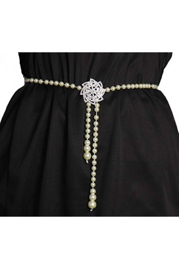 Ceinture élastique avec perles et strass pour femme - Beige - Taille unique