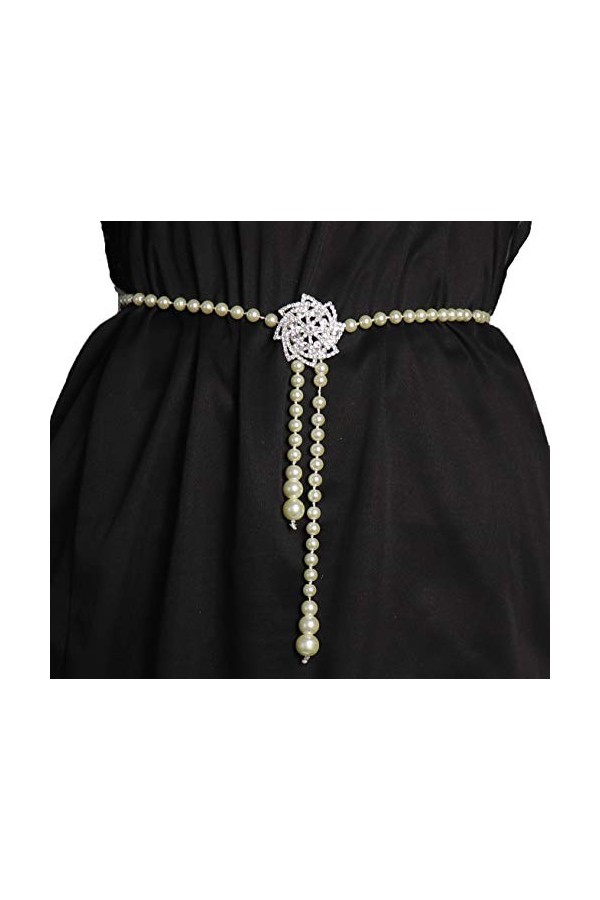 Ceinture élastique avec perles et strass pour femme - Beige - Taille unique