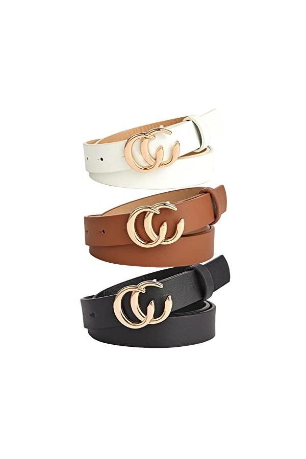 Boucle Ronde Ceinture en Cuir PU,3 Pièces Ceinture Boucle Cuir Femme avec Design de Double Joint Torique pour Jeans Robe Dame