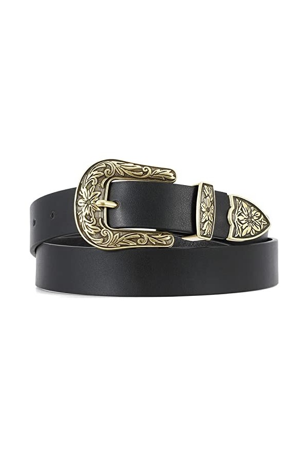 JasGood Ceinture en cuir pour femme - Style occidental vintage, 3-Noir., M: 110cm Für hosen größe 71cm-85cm 