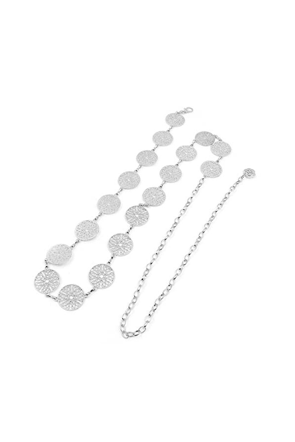 Hsthe Sea Ceinture de taille longue à boucle réglable argentée de 150 cm - Pour femme - Vintage ajourée - Anneau en métal scu