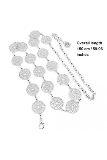 Hsthe Sea Ceinture de taille longue à boucle réglable argentée de 150 cm - Pour femme - Vintage ajourée - Anneau en métal scu