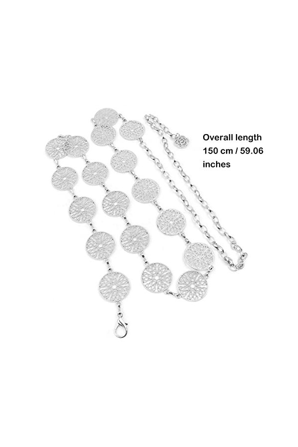 Hsthe Sea Ceinture de taille longue à boucle réglable argentée de 150 cm - Pour femme - Vintage ajourée - Anneau en métal scu