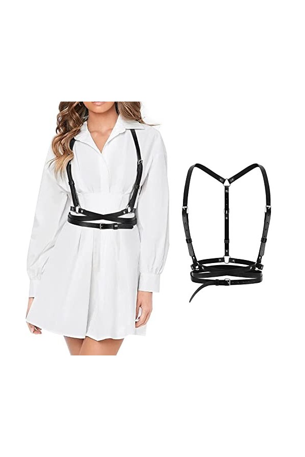 CLDURHGE Ceinture Punk, Harnais Punk en Cuir Noir pour Femme, Noir Goth Gilet Ceinture, Réglable Bijoux de Corps pour Cosplay