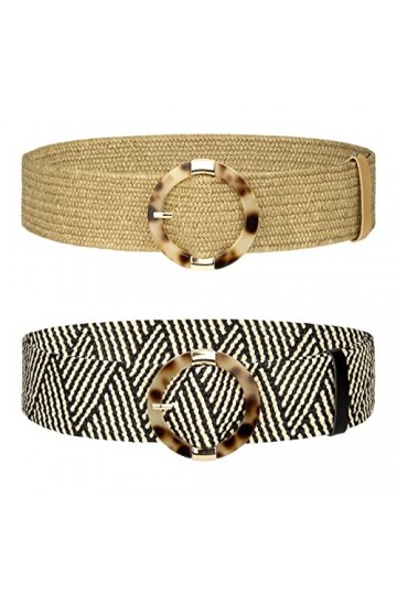 QH-Shop Ceinture Élastique pour Femme Ceinture de Taille en Paille Tissée Vintage Bohème Large Ceinture de Robe Tressée Noir 