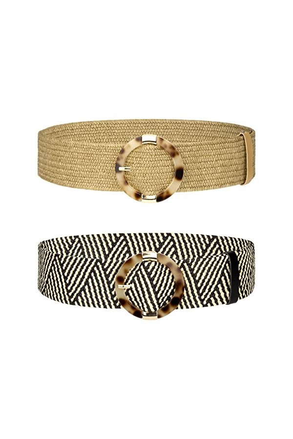 QH-Shop Ceinture Élastique pour Femme Ceinture de Taille en Paille Tissée Vintage Bohème Large Ceinture de Robe Tressée Noir 