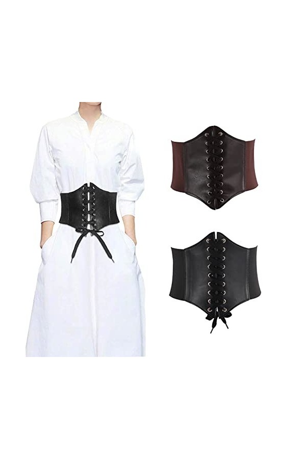 Ceinture Corset Femme,2Pcs Ceinture Élastique Rétro,Femme Cuir Corset à Lacets Ceinture Élastique,Ceinture Large Corset,Ceint