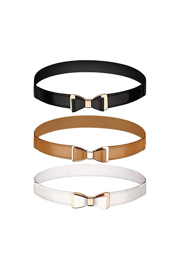 3 Pièces Ceinture Fine Femme Ceinture Élastique Mince pour Robe - Noir / MArron / Blanc - Taille unique