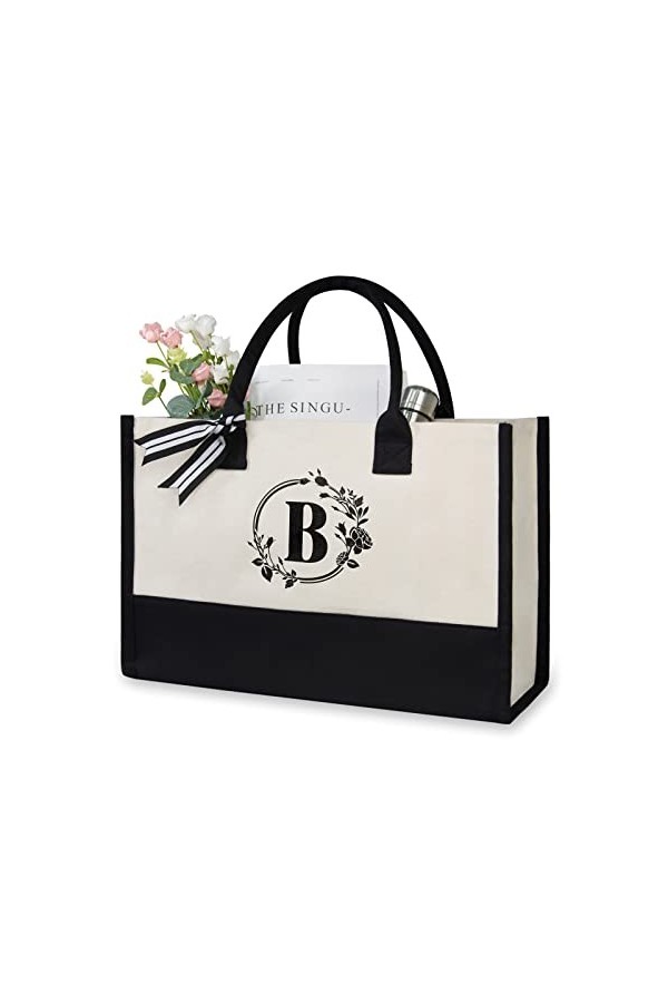 TOPDesign Sac de plage personnalisé en toile avec initiale monogramme pour femme, noir et blanc, 17" x 11.8" x 7.8", L