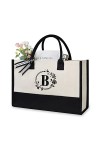 TOPDesign Sac de plage personnalisé en toile avec initiale monogramme pour femme, noir et blanc, 17" x 11.8" x 7.8", L