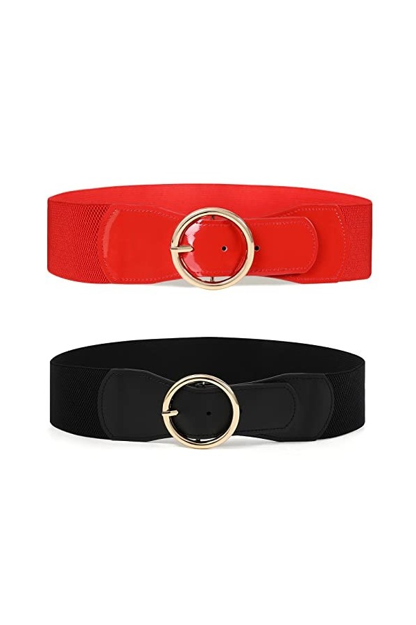 Ceinture élastique pour femmes - 2 pièces larges ceintures rétro Ceinture extensible à la mode avec boucle en métal pour robe