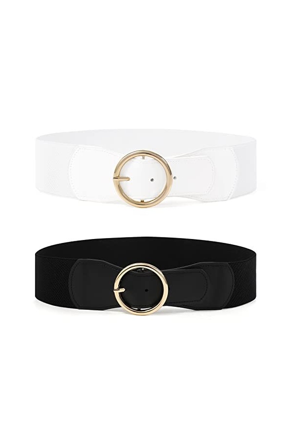 Ceinture élastique pour femmes - 2 pièces larges ceintures rétro Ceinture extensible à la mode avec boucle en métal pour robe