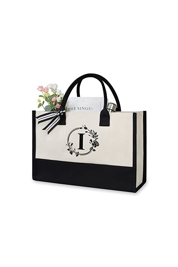 TOPDesign Sac de plage personnalisé en toile avec initiale monogramme pour femme, noir et blanc, 17" x 11.8" x 7.8", L