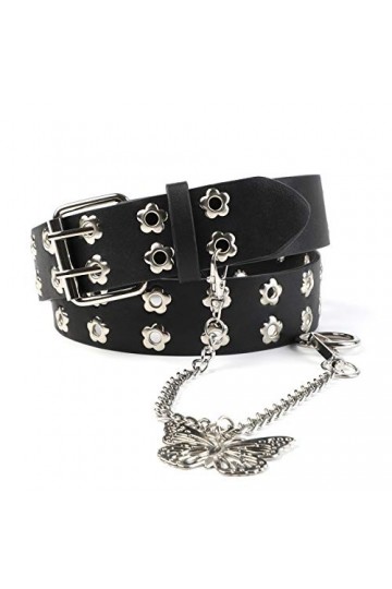 ZOYLINK Faux Leather Waist Belt Fashion Flower Grommet Leather Belt Punk Belt with Chain