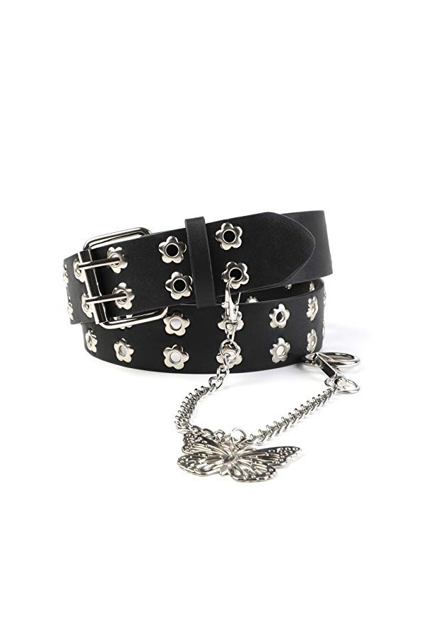 ZOYLINK Faux Leather Waist Belt Fashion Flower Grommet Leather Belt Punk Belt with Chain