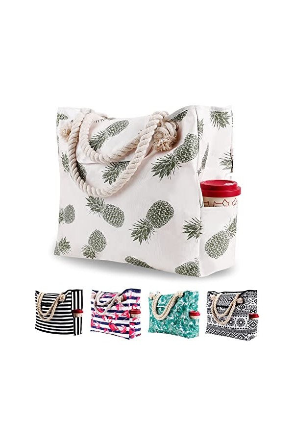 Grande Sac de Plage en Toile Femme Homme - XXL Cabas Sac Shopping Voyage Ete avec Boucle Magnétique, Sacs dépaule de Natatio