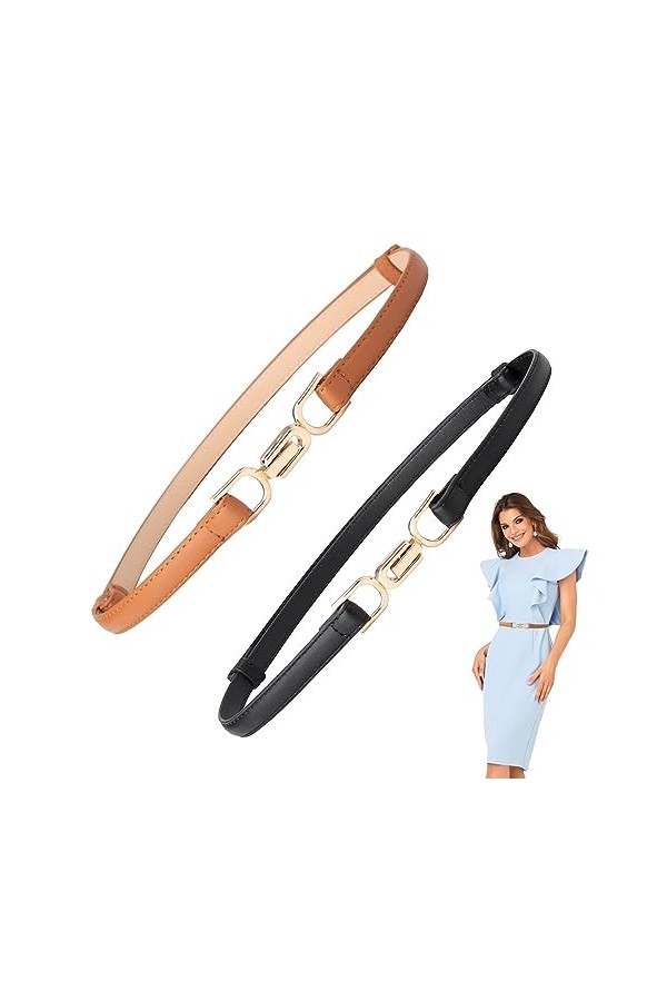 uinnossvc Lot de 2 ceintures fines pour femme - Ceinture réglable - Ceinture tendance en cuir avec boucle en métal doré - Cei