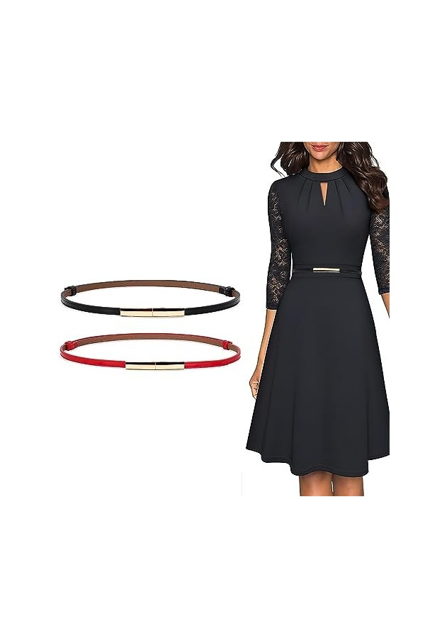 Cimvidi Lot de 2 Ceinture Fine Femme, Femme Ceintures En Cuir Réglable, Ceinture Simple avec Boucle en Métal, Ceinture Décora