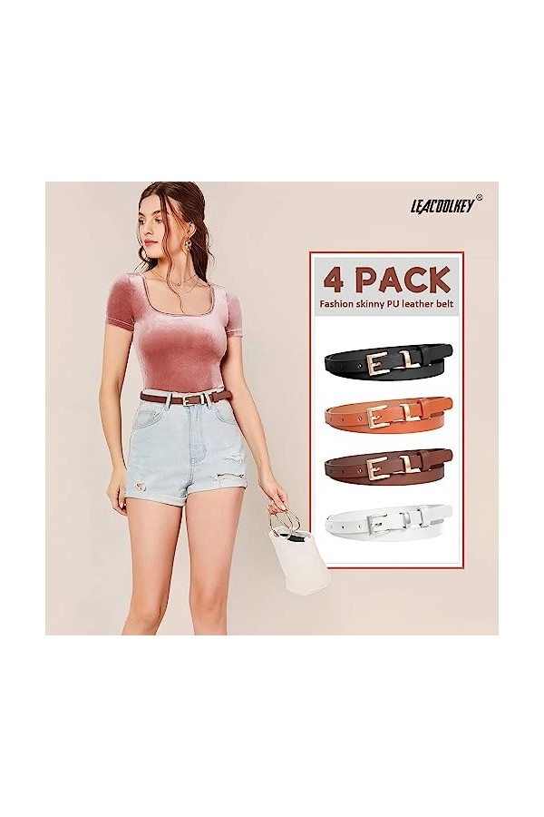 LEACOOLKEY Lot de 4 ceintures fines en cuir pour femme Robe Skinny Ceinture avec boucle dorée pour jeans, F-noir+blanc+café+m