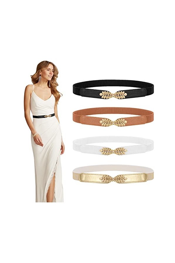 WERFORU Lot de 4 ceintures élastiques fines pour femme - En alliage de feuilles - Boucle extensible - Pour vêtements et panta