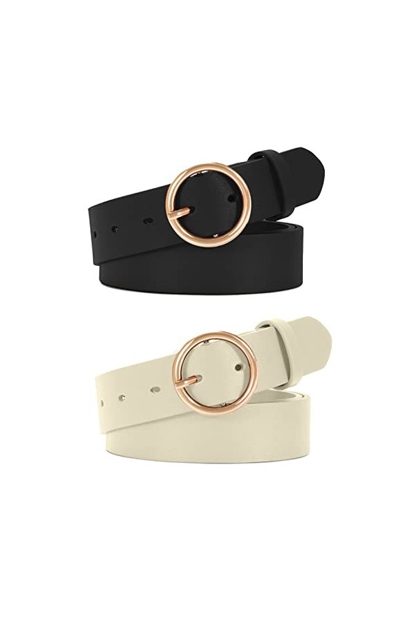 WERFORU Lot de 2 ceintures en cuir pour femme - Pour jeans - Pantalon - Mode - Ceinture en cuir avec boucle dorée, A-noir+mar