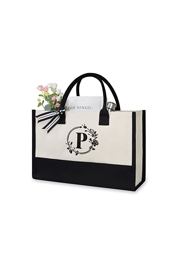 TOPDesign Sac de plage personnalisé en toile avec initiale monogramme pour femme, noir et blanc, 17" x 11.8" x 7.8", L