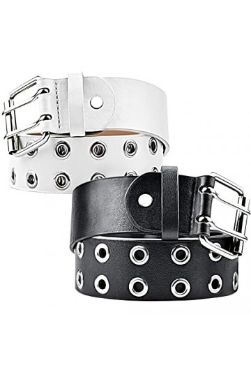 iYinJuan 2pcs Ceintures à Rivets Double Trou pour Homme et Femme, Ceinture à Double œillet en Cuir PU Punk, Double Prong Bouc