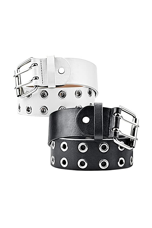 iYinJuan 2pcs Ceintures à Rivets Double Trou pour Homme et Femme, Ceinture à Double œillet en Cuir PU Punk, Double Prong Bouc
