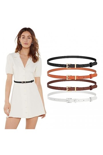 LEACOOLKEY Lot de 4 ceintures fines en cuir pour femme Robe Skinny Ceinture avec boucle dorée pour jeans, F-noir+blanc+café+m