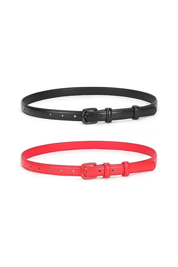 JasGood Lot de 2 ceintures fines en cuir pour femme - Ceinture fine pour jeans, pantalons, robes avec boucle ardillon, 3-noir
