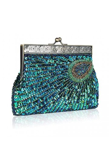 Pochette Paon Vintage à Sequins, Sacs à main de soirée perlés antiques, sac à main accrocheur turquoise pour mariage