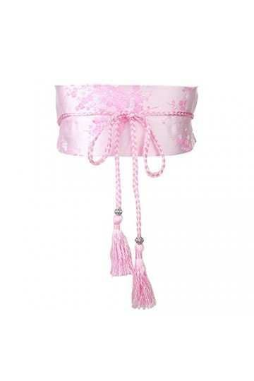 FAD-4U Kimono en coton pour femme - Style japonais brodé - Large ceinture avec pompon - Accessoires de robe Yukata, rose, tai