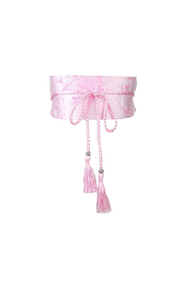 FAD-4U Kimono en coton pour femme - Style japonais brodé - Large ceinture avec pompon - Accessoires de robe Yukata, rose, tai