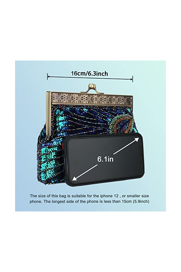 Pochette Paon Vintage à Sequins, Sacs à main de soirée perlés antiques, sac à main accrocheur turquoise pour mariage