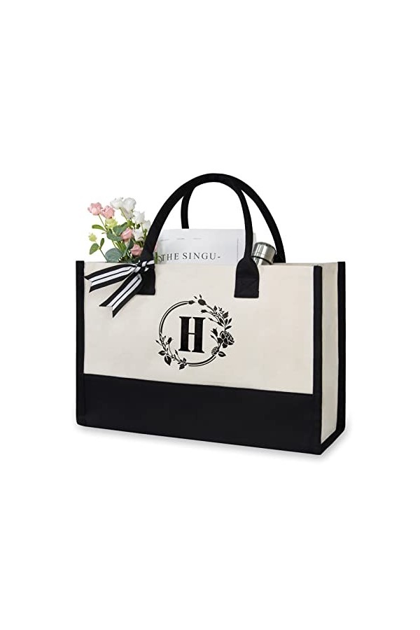 TOPDesign Sac de plage personnalisé en toile avec initiale monogramme pour femme, noir et blanc, 17" x 11.8" x 7.8", L