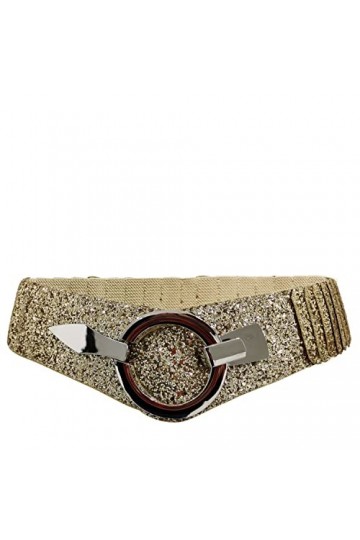 Glamexx24 Ceinture élastique pour femme - 6 cm de large - Avec anneau argenté, Strass dorés, 85 cm Taillenweite 76/108 cm 