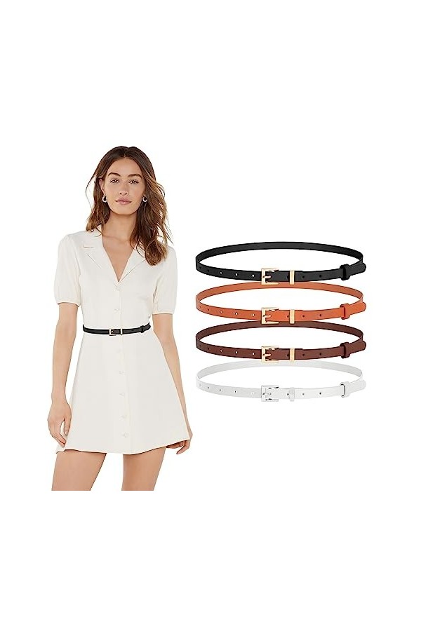 LEACOOLKEY Lot de 4 ceintures fines en cuir pour femme Robe Skinny Ceinture avec boucle dorée pour jeans, F-noir+blanc+café+m