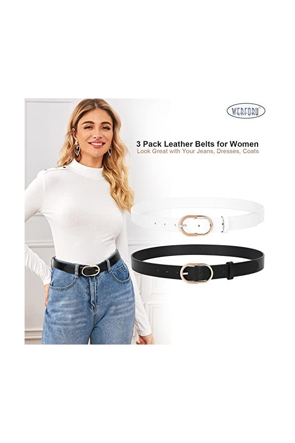 WERFORU Lot de 2 ceintures en cuir pour femme avec boucle dorée, C-noir+blanc, 100cm Passt Taillengröße 66-75cm 