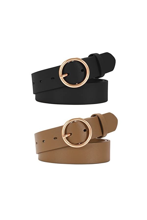 WERFORU Lot de 2 ceintures en cuir pour femme - Pour jeans - Pantalon - Mode - Ceinture en cuir avec boucle dorée, A-noir+mar