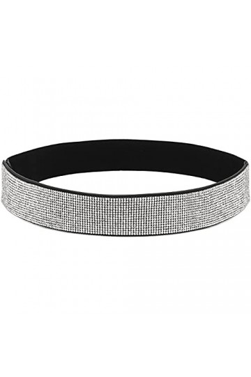 DTWAWA Ceinture élastique en strass pour femme - Taille large, Diamant blanc + ceinture noire, XS:taille 23.6/26.4"