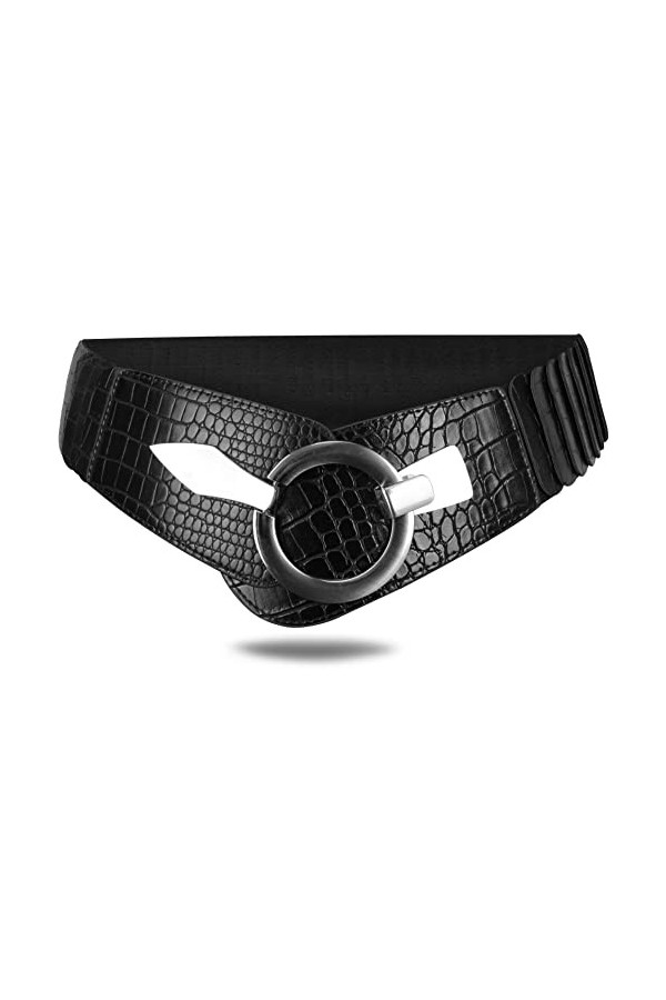 Vanessa & Melissa Ceinture de taille de 6 cm de large ceinture de hanche avec boucle d’anneau argenté, ceinture étirée Noir 