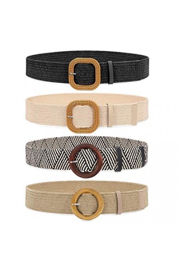 JasGood Lot de 4 ceintures élastiques tressées en paille pour robe de femme, mode bohème, ceinture fine tressée, 2-noir/sable