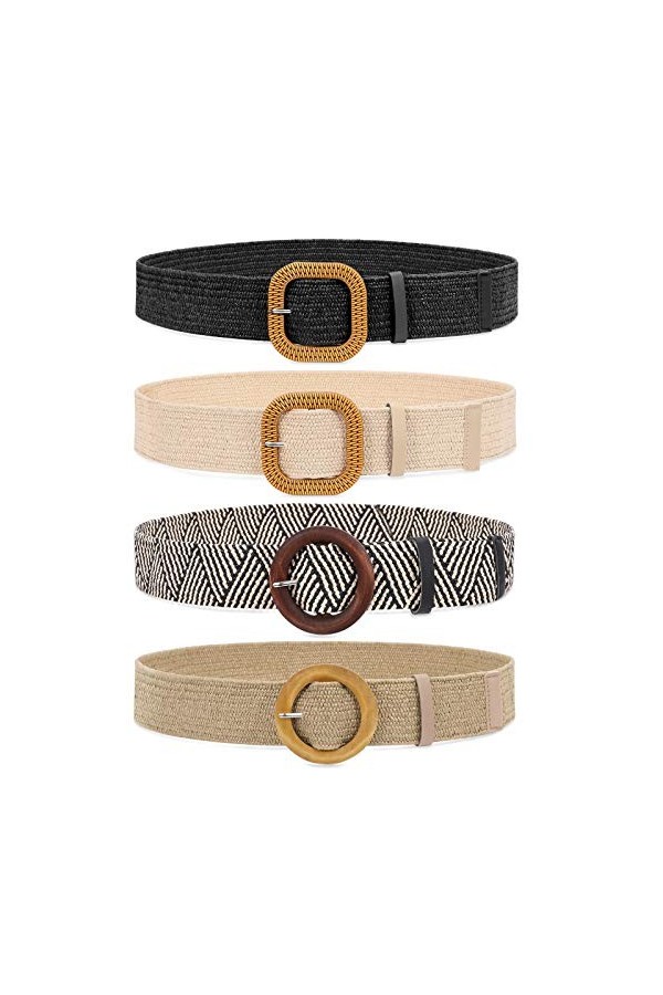 JasGood Lot de 4 ceintures élastiques tressées en paille pour robe de femme, mode bohème, ceinture fine tressée, 2-noir/sable