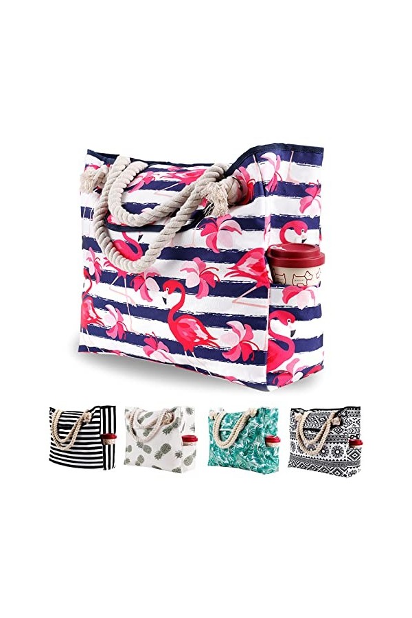 Grande Sac de Plage en Toile Femme Homme - XXL Cabas Sac Shopping Voyage Ete avec Boucle Magnétique, Sacs dépaule de Natatio